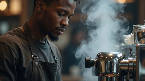 A young South African barista working a chrome espresso machine