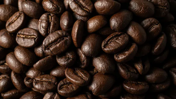 Freshly roasted coffee beans filling the frame