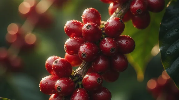 Ripe red coffee cherries on the branch