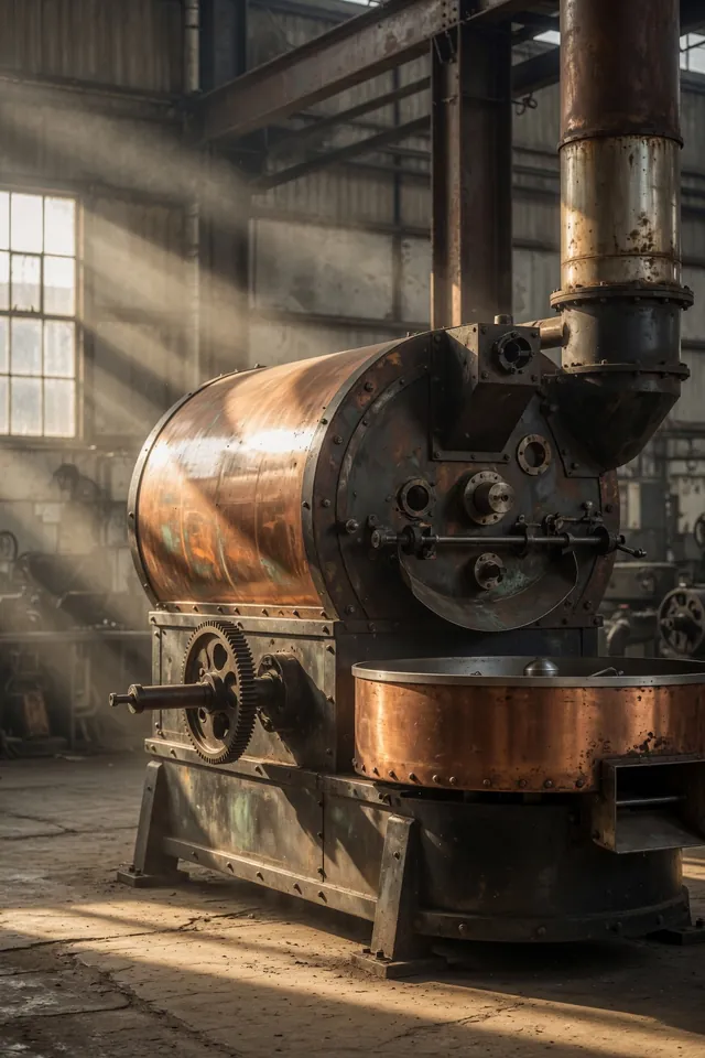 A rebuilt vintage copper and steel drum coffee roaster in warm window light